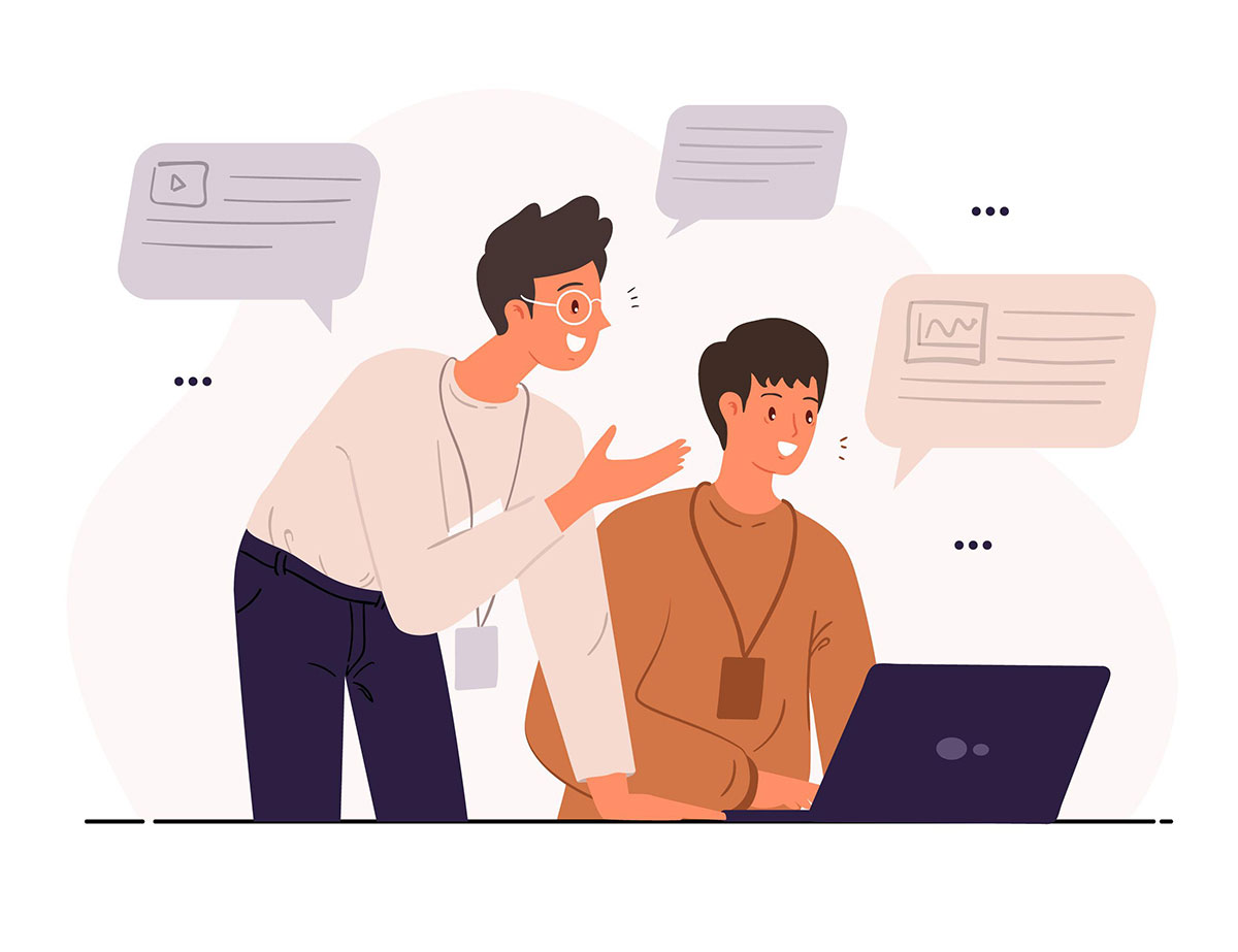 un illustration de 2 personnes discutant et travaillant sur ordinateur