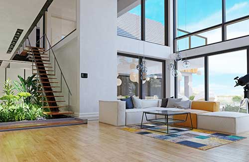 Intérieur d'un projet d'architecture d'intérieur réalisé par un étudiant de l'école MJM Graphic Design, mettant en avant des espaces de vie modernes.