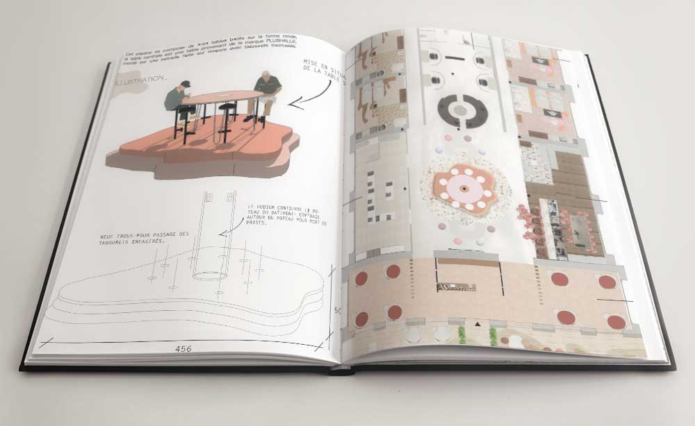 Portfolio d'un étudiant en décoration d'intérieur qui représente des projets fait pendant l'année à l'école MJM GRAPHIC DESIGN dans des tonalités de rose avec des plans techniques d'une salle de restauration