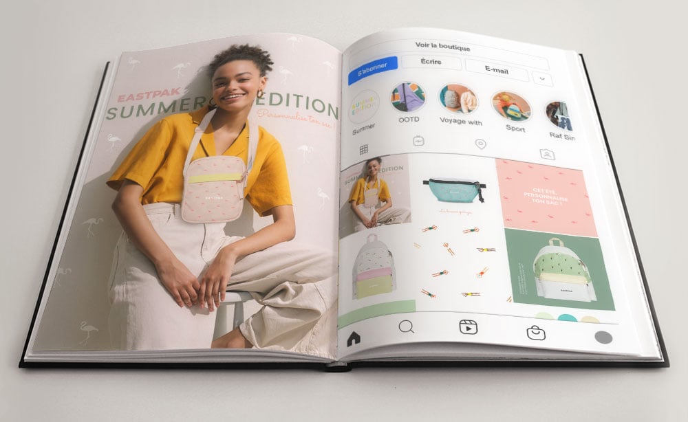 Représentation dans un Livres des travaux réalisés au cours de l'année à l'école MJM GRAPHIC DESIGN ? sur la peau. La page de gauche on peut voir une femme et une mise en page sur la page de droite. Nous pouvons voir un fil Instagram qui représente l'imag