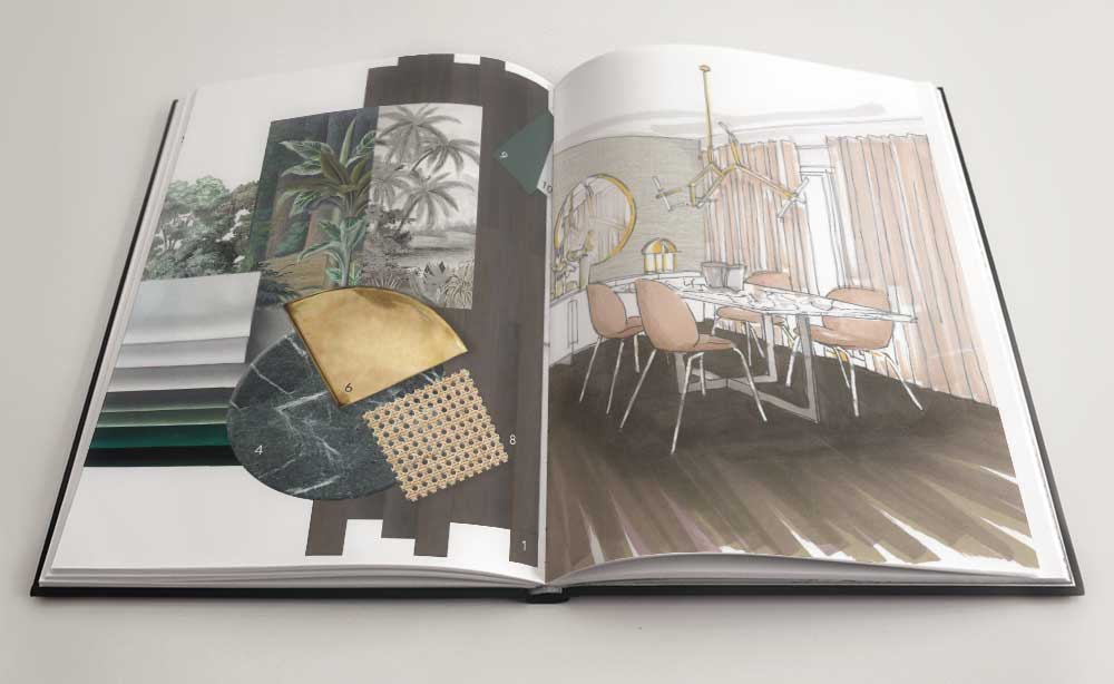 Book d'un étudiant en architecture d'intérieur qui montre une salle à manger dessiner au feutre ainsi qu'une planche. Tendance dans les tons de marrons et roses réalisées en classe à l'école. MJM GRAPHIC DESIGN