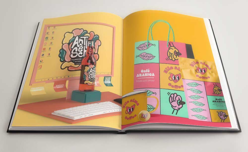 Représentation d'un book d'un étudiant représentant des images jaunes d'un projet portant sur le Street Art à l'école. MJM GRAPHIC DESIGN
