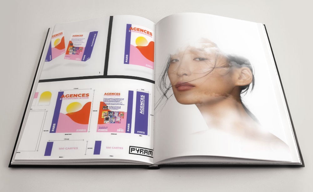 Portfolio d'un étudiant en formation infographie à l'école. MJM GRAPHIC DESIGN qui représente sur la page de gauche, des dessins colorés, et sur la page de droite, une tête de femme avec la technique de double explosure