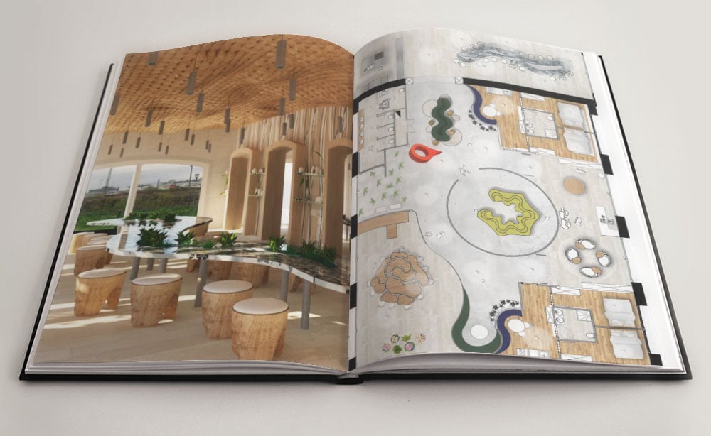 Book d'un étudiant en décoration d'intérieur qui représente un intérieur 3D, ainsi que des plans techniques fait à l'école. MJM GRAPHIC DESIGN